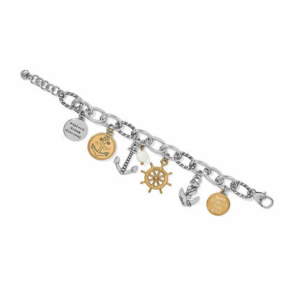 Brighton charm bracelet with two-tone nautical anchor, ship wheel, mother-of-pearl bead, and engraved disc charms on a white background