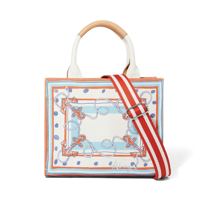 Brighton tote handbag with nautical anchor and rope print, red striped strap, and tan handles on a white background