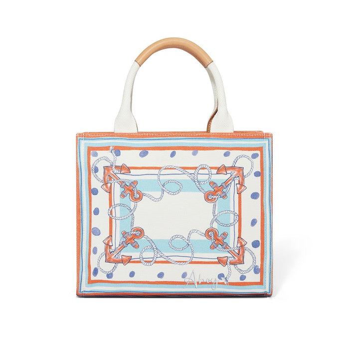 Brighton tote handbag with nautical anchor and rope print in orange and blue with tan handles on a white background