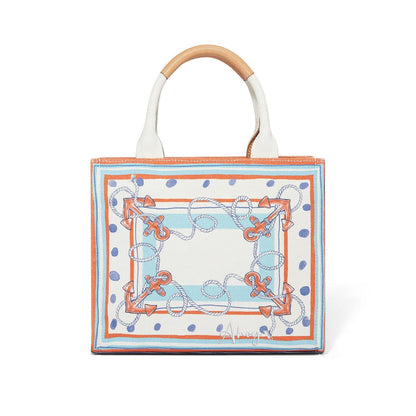 Brighton tote handbag with nautical anchor and rope print in orange and blue with tan handles on a white background