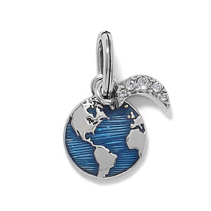 Brighton globe charm with blue enamel earth design and silver-plated crescent moon accented with crystals on a white background