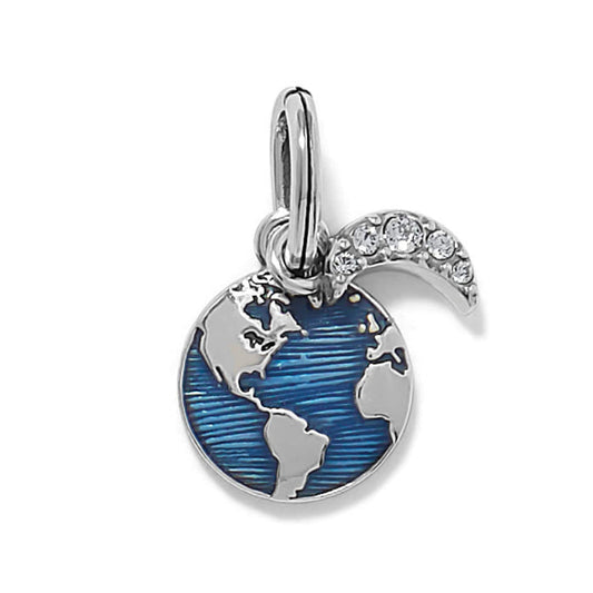 Brighton globe charm with blue enamel earth design and silver-plated crescent moon accented with crystals on a white background