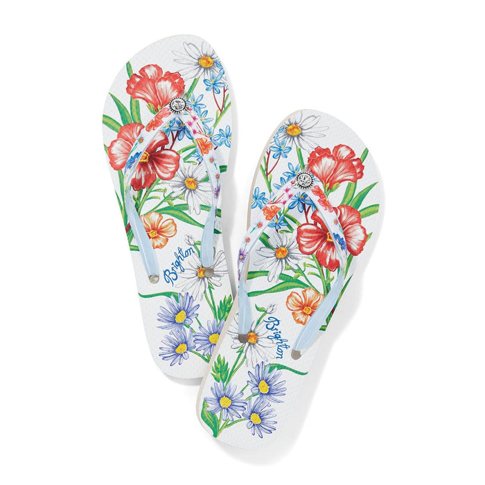 Brighton rubber flip flop sandals with floral print, light blue straps, and crystal accents on a white background