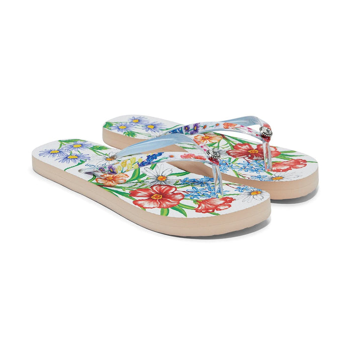 Brighton rubber flip-flop sandals with colorful floral print and clear straps with silver-tone accents on a white background