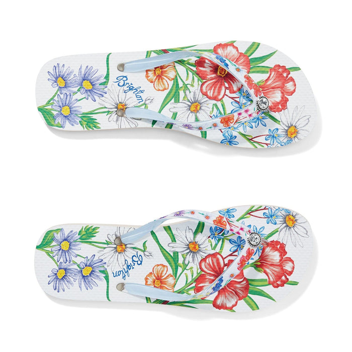 Brighton rubber flip flop sandals with floral print, light blue straps, and crystal accent on a white background