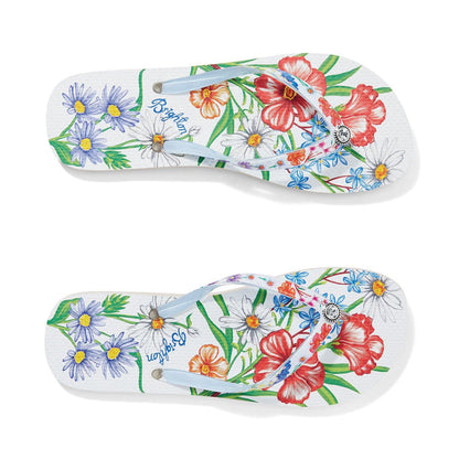 Brighton rubber flip flop sandals with floral print, light blue straps, and crystal accent on a white background
