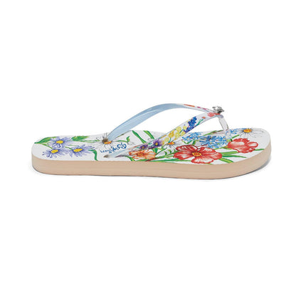 Brighton flip-flop sandals in rubber with floral print, light blue strap, and crystal accent on a white background