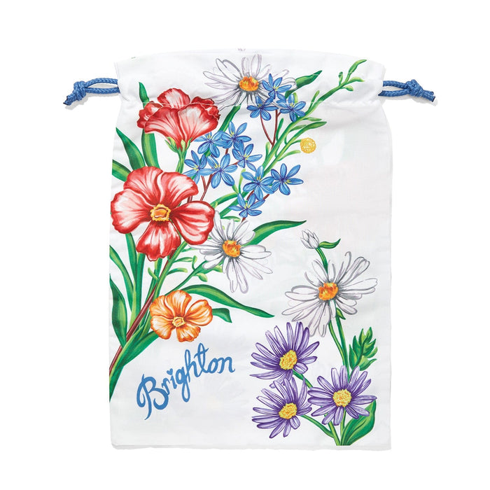 Brighton drawstring pouch with colorful floral print and blue cord ties on a white background