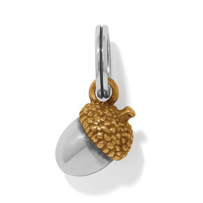 Brighton acorn charm with silver-tone body and gold-tone textured cap on a split ring on a white background