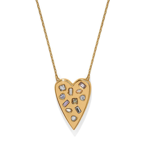 Brighton heart pendant necklace with gold-plated finish and multicolored crystals in assorted shapes on a white background
