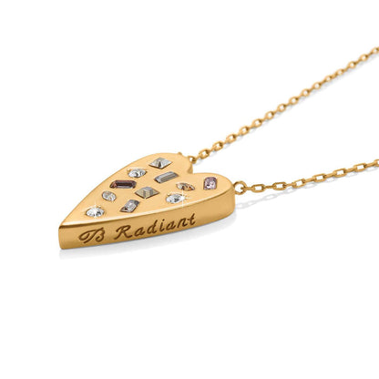 Brighton heart pendant necklace with gold-plated finish, multicolor crystals, and engraved B Radiant inscription on a white background