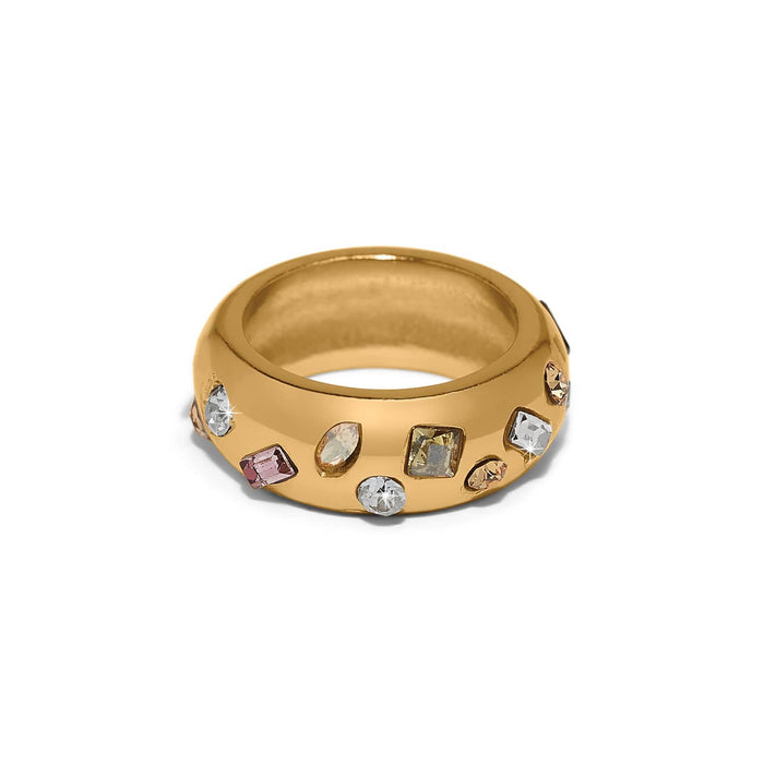 Brighton gold-plated ring with scattered multicolored crystals in various shapes and sizes on a white background