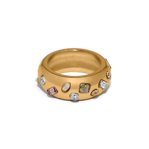 Brighton gold-plated ring with scattered multicolored crystals in various shapes and sizes on a white background