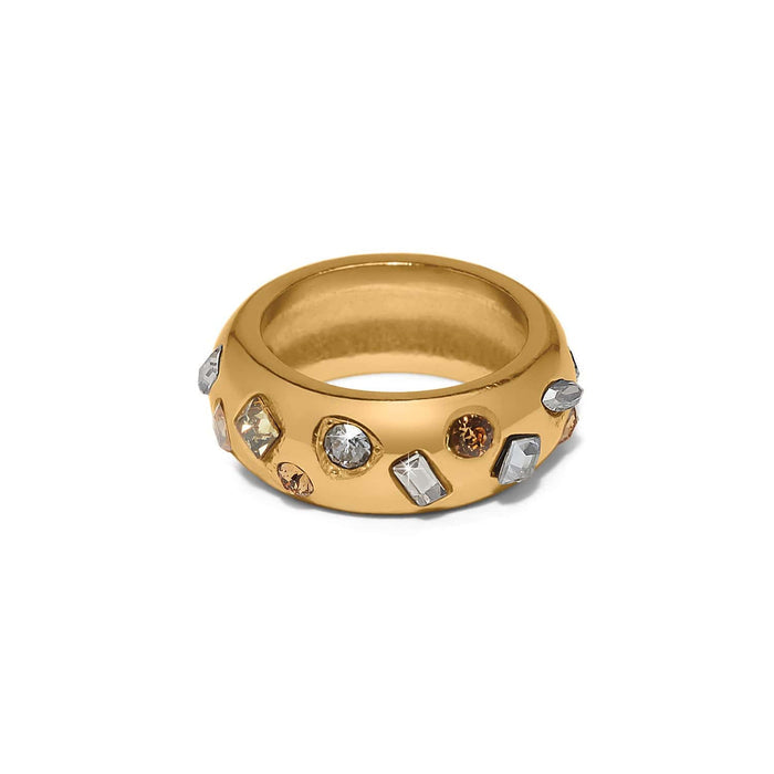Brighton gold-plated band ring with scattered crystals in assorted shapes and amber and clear tones on a white background