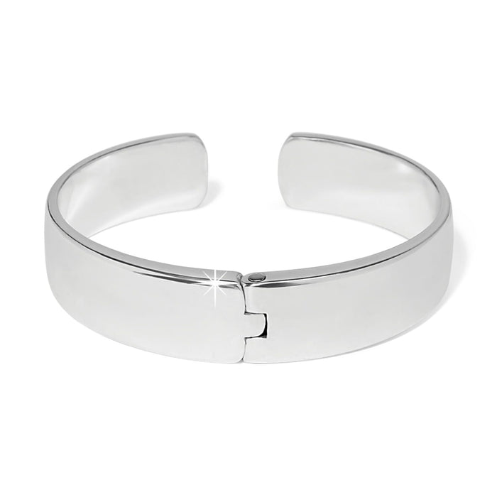 Brighton silver-plated cuff bracelet with smooth polished finish and hinged opening on a white background