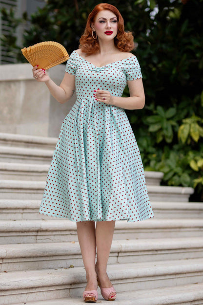 Lily Baby Blue Off-Shoulder Dress with Red Polka Dots