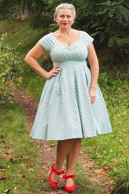 Lily Baby Blue Off-Shoulder Dress with Red Polka Dots