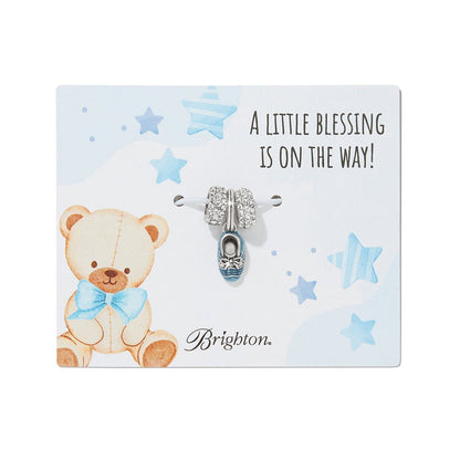 Brighton charm set with silver-plated crystal beads and blue baby shoe charm on illustrated teddy bear card