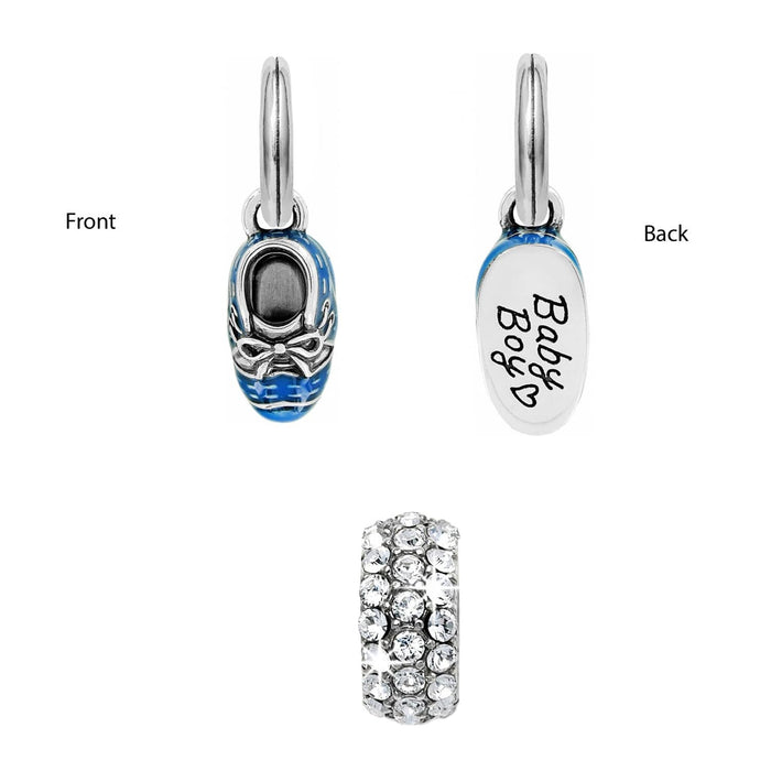 Brighton silver-plated baby boy shoe charm with blue enamel and crystal spacer bead shown front and back on a white background