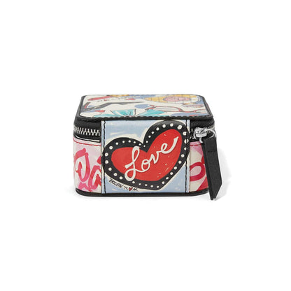 Brighton jewelry case with illustrated heart print, Love graphic, black trim, and zip closure on a white background