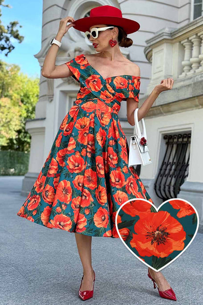 Beverly Orange Poppy Off Shoulder Dress In Green