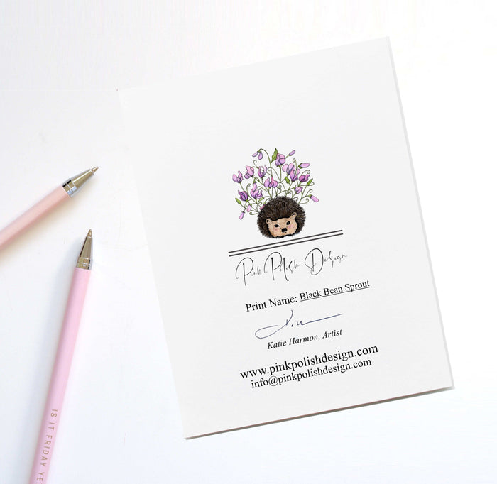 PinkPolish Design Note Cards "Black Bean Sprout" Handmade Notecard