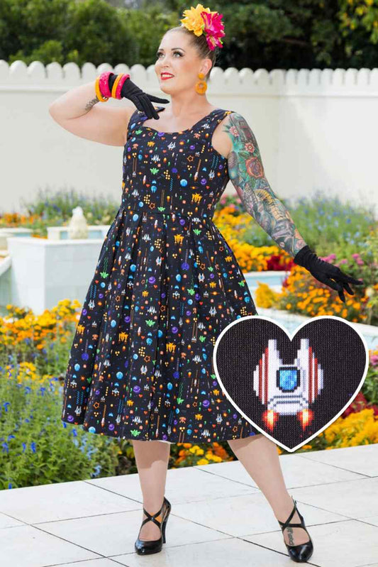 Amanda Black Retro Arcade Game Flared Dress