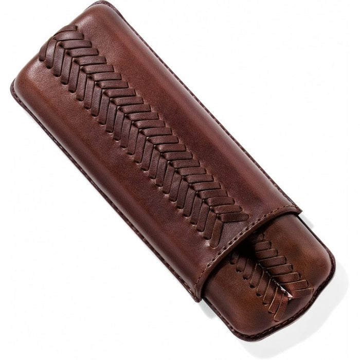 Brighton brown leather case with woven braided detail down the center on a white background