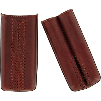 Brighton brown leather valuables pouch with braided chevron stitching detail, shown from front and side on a white background