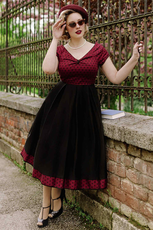 Lily Burgundy & Black Polka Dot Off Shoulder Dress