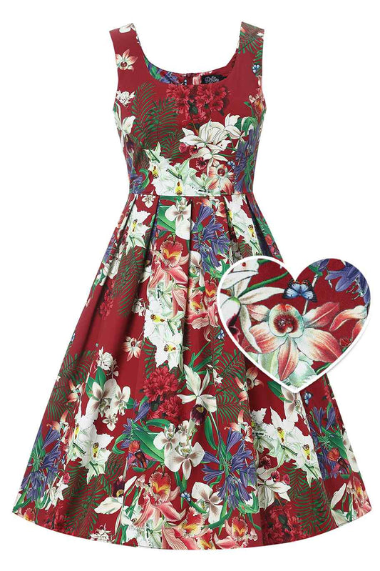 Amanda Burgundy Botanical Floral Swing Dress In Cotton