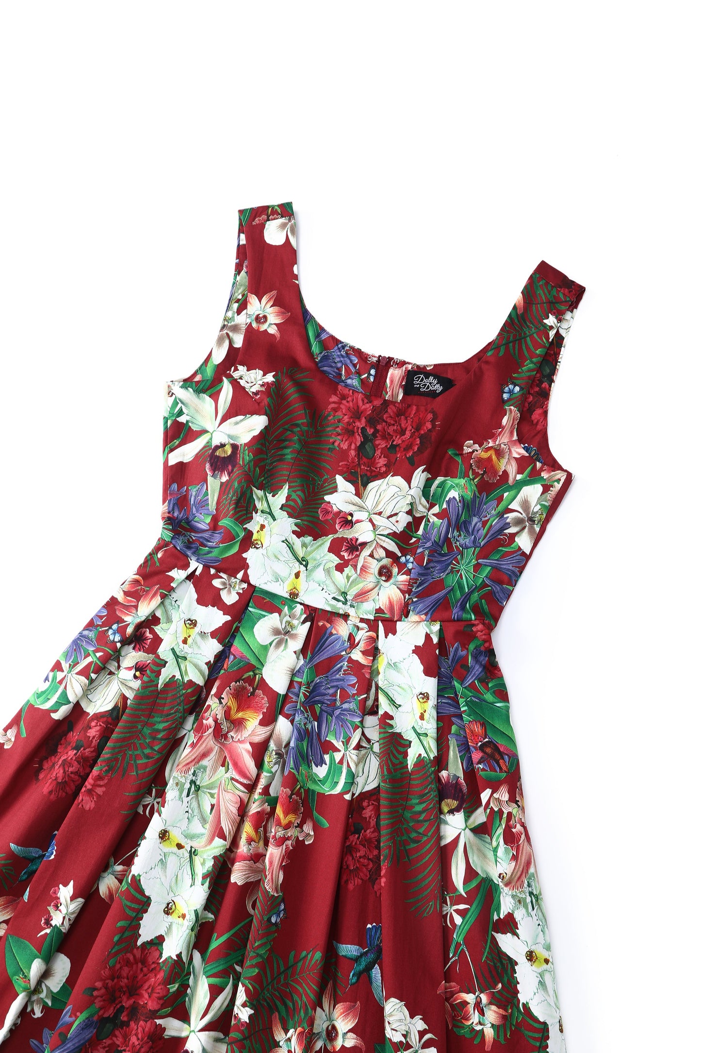 Amanda Burgundy Botanical Floral Swing Dress In Cotton