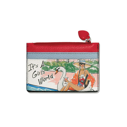 Brighton card case with red zip top, heart pull, and illustrated It's A Girl's World print on a white background