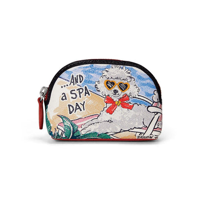 Brighton coin pouch with illustrated poodle in heart sunglasses and red bow print on a white background
