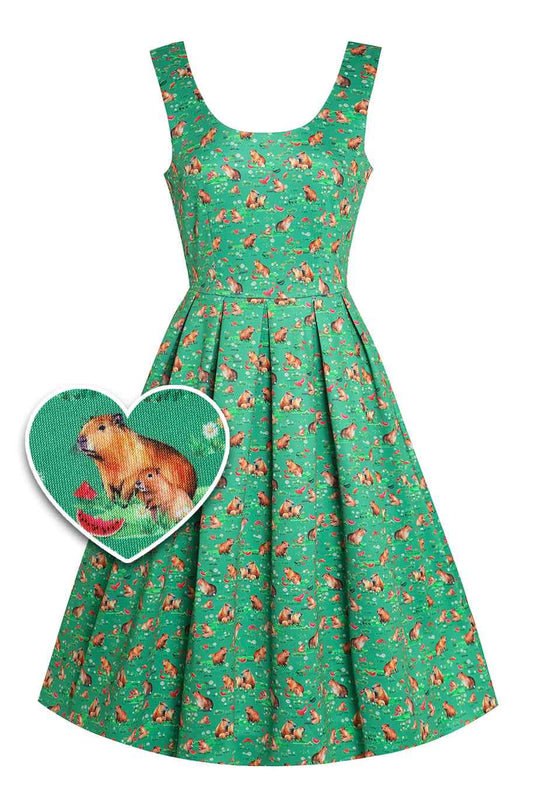Amanda Green Flared Dress in Capybara Watermelon Print