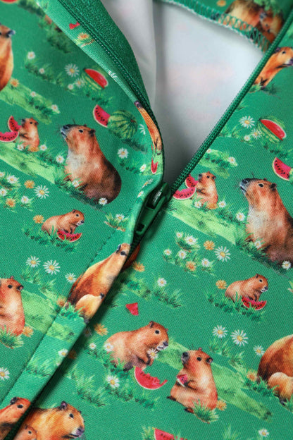 Amanda Green Flared Dress in Capybara Watermelon Print