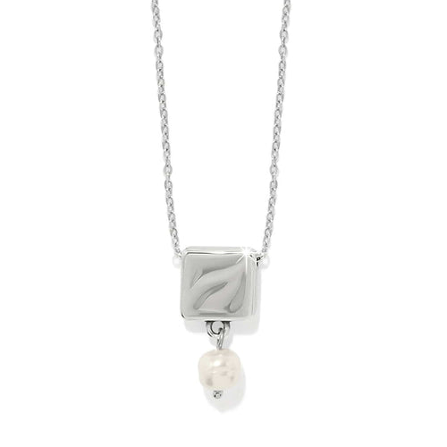 Brighton pendant necklace with silver-plated square charm and barque pearl drop on a white background