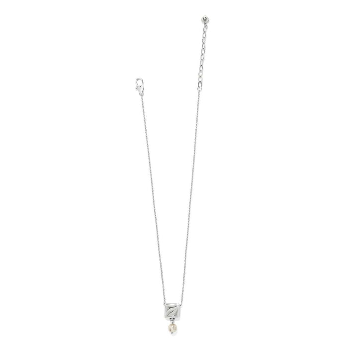 Brighton silver-plated pendant necklace with square charm, baroque pearl drop, and extender chain on a white background