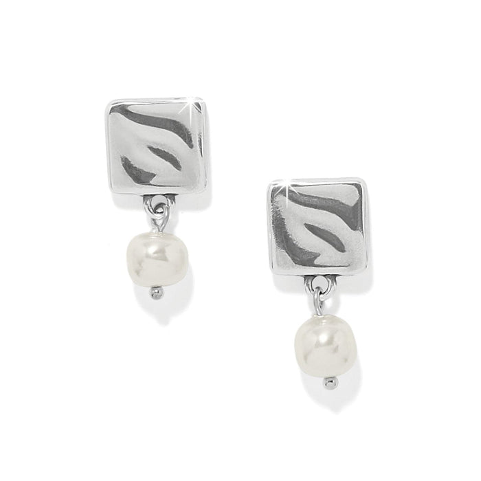 Brighton drop earrings with silver-plated square tops and barque pearl dangles on a white background