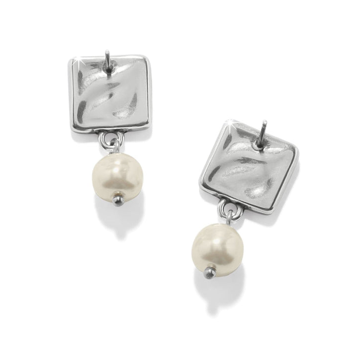 Brighton drop earrings with hammered silver-plated square posts and barque pearl dangles on a white background