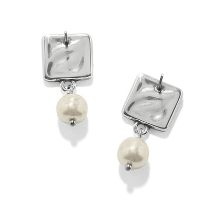 Brighton drop earrings with hammered silver-plated square posts and barque pearl dangles on a white background