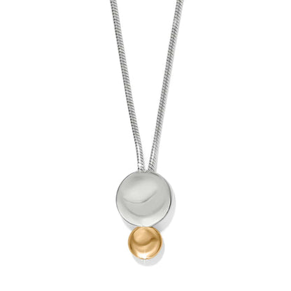 Brighton pendant necklace with two-tone silver and gold polished discs on a snake chain on a white background