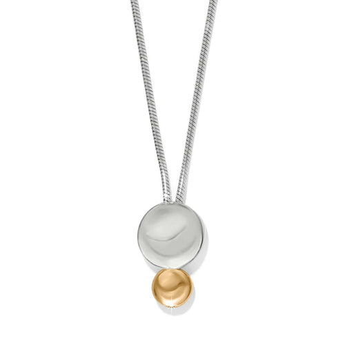 Brighton pendant necklace with two-tone silver and gold polished discs on a snake chain on a white background