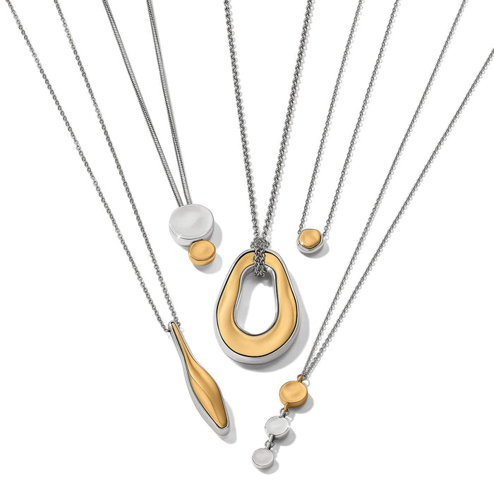 Brighton necklaces in two-tone finish with assorted pendants including teardrop, oval, and circular shapes on a white background