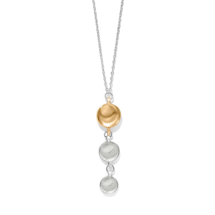 Brighton drop pendant necklace with two-tone gold and silver graduated discs on a white background