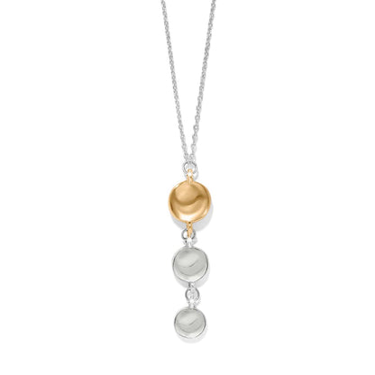Brighton drop pendant necklace with two-tone gold and silver graduated discs on a white background