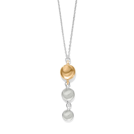 Brighton drop pendant necklace with two-tone gold and silver graduated discs on a white background