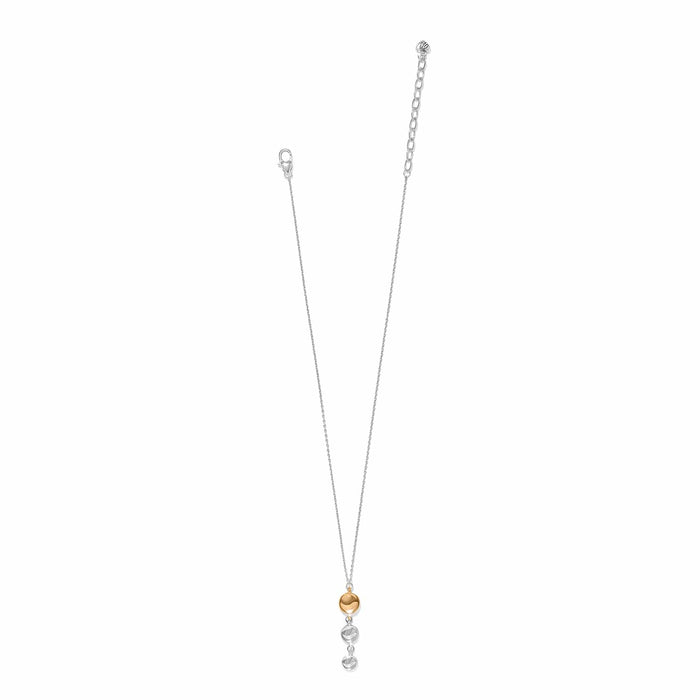Brighton pendant necklace with two-tone silver and gold drop charms and lobster clasp on a white background