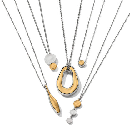 Brighton necklaces in two-tone finish with assorted pendants including teardrop, oval, and disc shapes on a white background