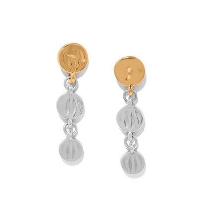 Brighton drop earrings with two-tone gold posts and silver textured round dangles on a white background